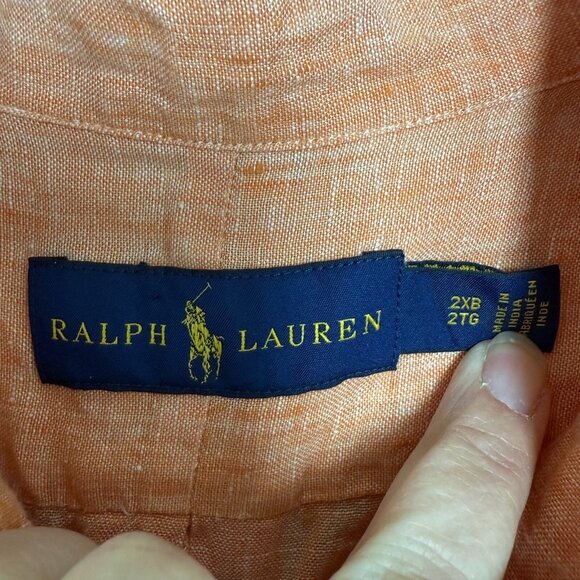 Ralph Lauren 100% Linen Shirt Mens 2XB Orange Button Up Pony Breathable Comfort - Picture 2 of 8